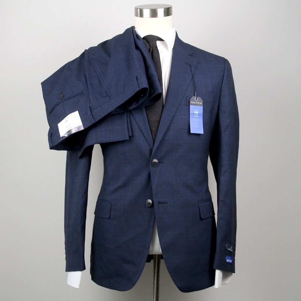 Nautica Mens 2-pc Suit Blazer Jacket 38R Pants 32Wx31L Blue Plaid